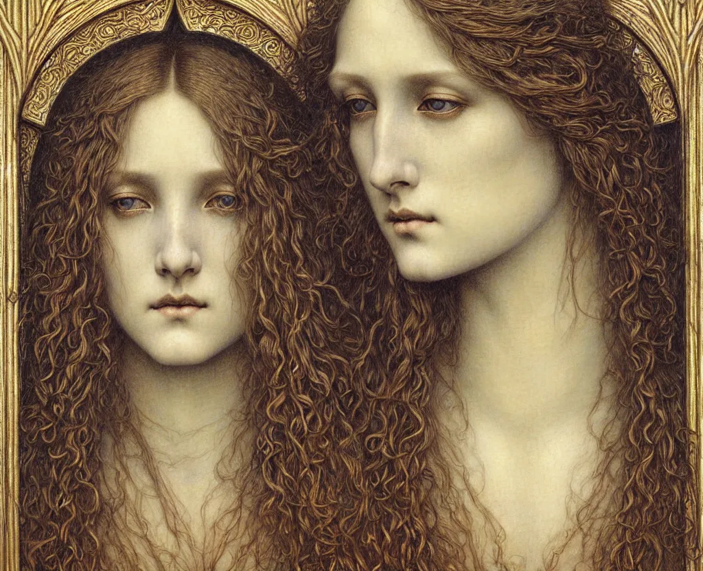 Image similar to detailed realistic beautiful young medieval queen face portrait by jean delville, gustave dore and marco mazzoni, art nouveau, symbolist, visionary, gothic, pre - raphaelite. horizontal symmetry