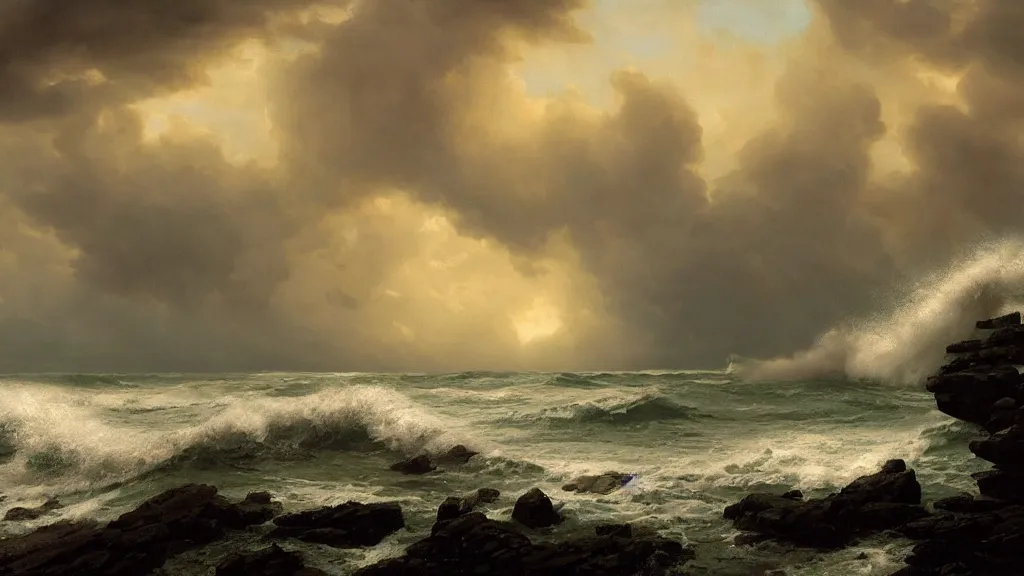 Image similar to first person view of breaking waves on the shore, summer, during a thunderstorm, raining, sea breeze rises in the air, by andreas rocha and john howe, and Martin Johnson Heade, featured on artstation, featured on behance, golden ratio, ultrawide angle, f32, well composed