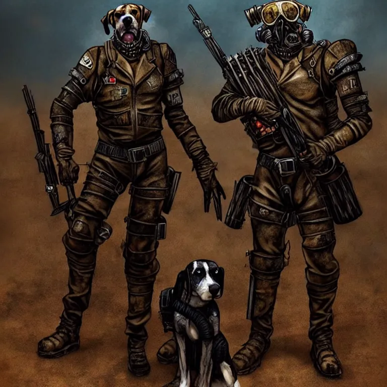 Image similar to a good ol'hound dog fursona ( from the furry fandom ), heavily armed and armored facing down armageddon in a dark and gritty version from the makers of mad max : fury road. witness me.