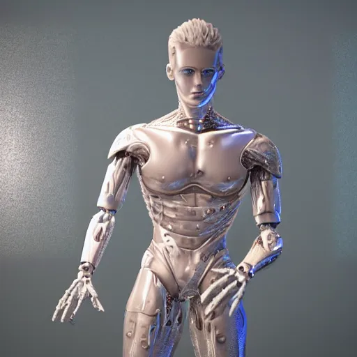 Image similar to made of ice, a realistic detailed photo of a guy who is an attractive humanoid who is half robot and half humanoid, who is a male android, on display, blank stare, showing off his muscles, shiny skin, posing like a statue, by the pool, frozen ice statue, twitch streamer / gamer ludwig, humanoid robot