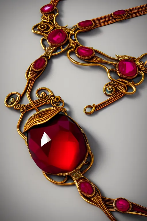 Prompt: historical, art nouveau, red gemstone necklace hanging around a neck, gold metal, glowing inside, octane render, realistic, dramatic light, 3 d, photograph 4 k,