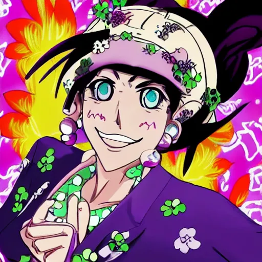 Image similar to a jojo's bizarre adventure manga artstyle colorful sketch : Jolyne Cujoh, smiling with her mouth shut, not looking at the camera, with a saint aureola, black and white, wearing a veil, shamrocks and lilies in the background by by hirohiko araki shonen jump, crisp details, realistic, featured on Artscape