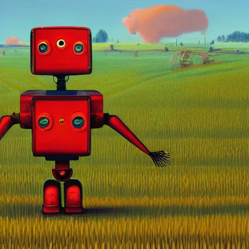 Prompt: a painting by simon stalenhag of a robot in a wheat field