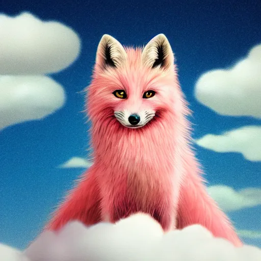 Image similar to a photorealistic pink fox sitting on a cloud