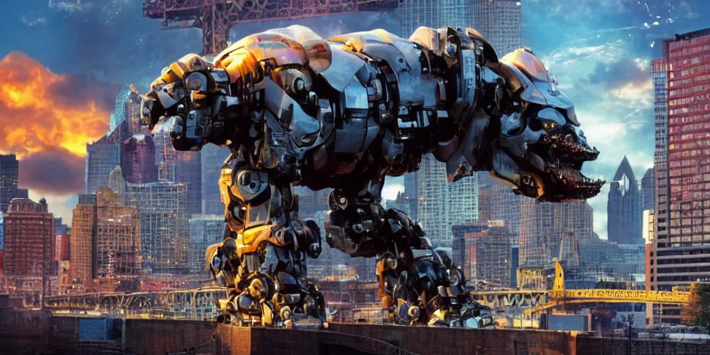 Image similar to a blockbuster style movie frame of a giant mechanical robot pig destroying pittsburgh