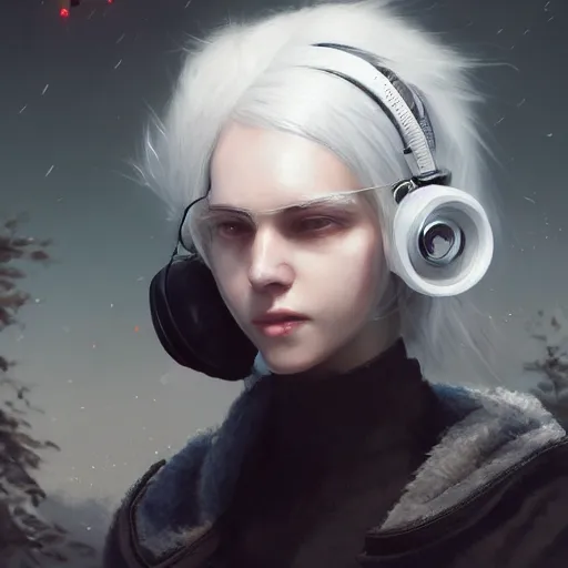 Image similar to a white haired girl wearing earmuffs with cyborg eyes, digital art, 8 k resolution, unreal engine, highly detailed, pretty face, very beautiful face, very detailed eyes, photorealistic by wlop, greg rutkowski