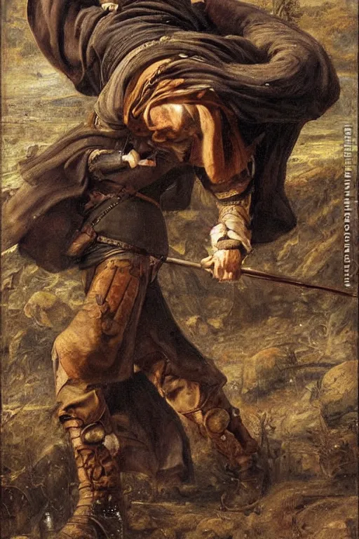 Image similar to a stumbling and falling medieval man as a oilpainting by Sophie anderson