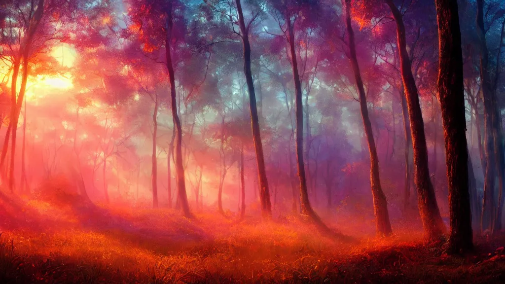 Prompt: Beautiful sunset in rug woods with backlight ” Beautiful Dreamscape, Digital art, concept art, detailed, lovely colors, Art station,3-D 4K, beautiful background, matte painting, ,