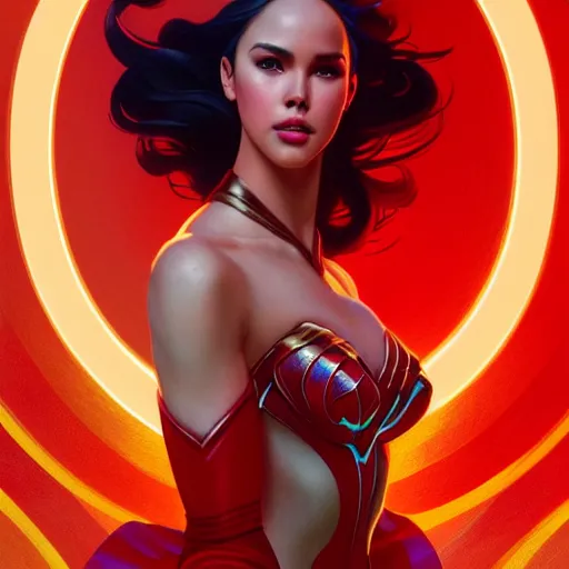 Image similar to catriona gray as darna, volumetric lights, red and cyan theme, art nouveau botanicals, intricate, highly detailed, digital painting, artstation, concept art, smooth, sharp focus, cinematic, illustration, beautiful face, art by artgerm and greg rutkowski and alphonse mucha