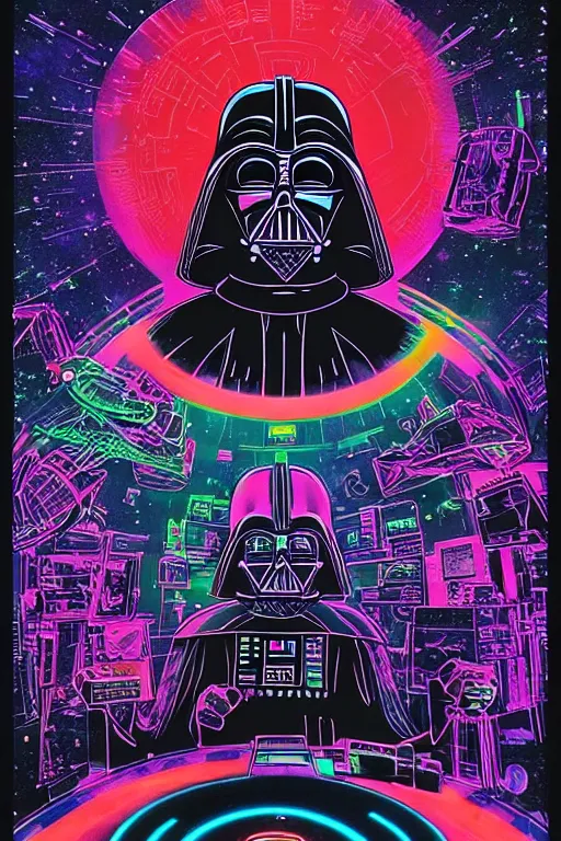 Image similar to closeup potrait of darth vader dj standing on a giant science fiction neon turntable at a astronaut rave, anti gravity, digital art, winning award masterpiece, fantastically beautiful, intricate, illustration, dan mumford, geof darrow, moebius, 8 k, octane, symmetrical