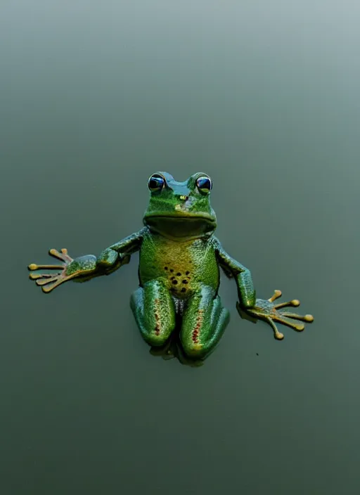Image similar to semi translucent smiling frog amphibian hovering over misty lake in Jesus Christ pose, cinematic shot by Andrei Tarkovsky, paranormal, spiritual, mystical