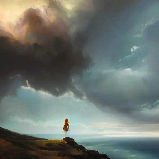 Image similar to A painting of a girl standing on a mountain looking out an approaching storm over the ocean, smooth, dramatic lighting, wind blowing, ocean mist, lightning, artstation