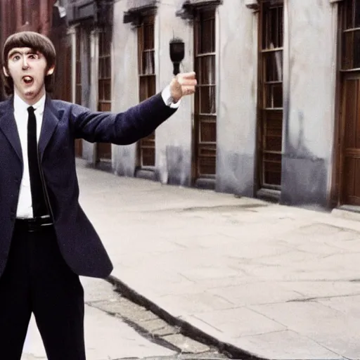 Image similar to Live Action Still of Jerma985 in The Beatles A Hard Day's Night (Film), real life, hyperrealistic, ultra realistic, realistic, highly detailed, epic, HD quality, 8k resolution, body and headshot, film still