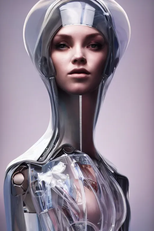 Image similar to a beautiful half body image of a futuristic android with body made of translucent plastic, long hair made of cellophane with a plastic hood and mechanical internal parts, symmetrical and realistic proportions by Irakli Nadar, tom bagshaw, Charlie Bowater with details by Jason Felix, furio tedeschi, face by ilya kuvshinov, artgerm, cinematic backlit lighting, beauty retouch, elite, photo realistic, octane render, hyper real, ultra detailed, trending on artstation pinterest and deviantart