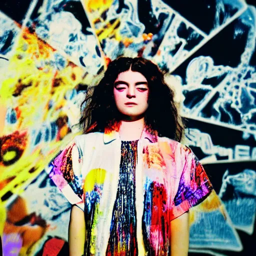 Image similar to 8k high detailed 35mm wide angle lens photograph of lorde in futurecore attire experiencing complete euphoria, vivid details, in the style of Andy Warhol