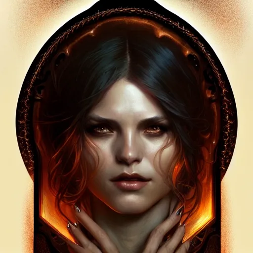 Image similar to Portrait of female sorceress, dark fantasy, medium shot, intricate, elegant, highly detailed, digital painting, artstation, concept art, smooth, sharp focus, illustration, art by artgerm and greg rutkowski and alphonse mucha