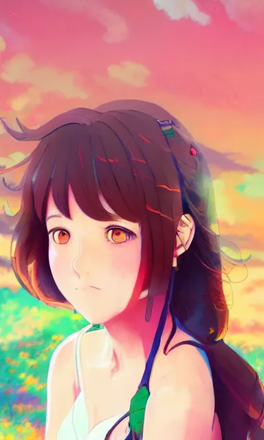 Image similar to a colorful anime scene of a girl with brown hair, detailed background, portrait, trending on artstation, by studio ghibli and rossdraws