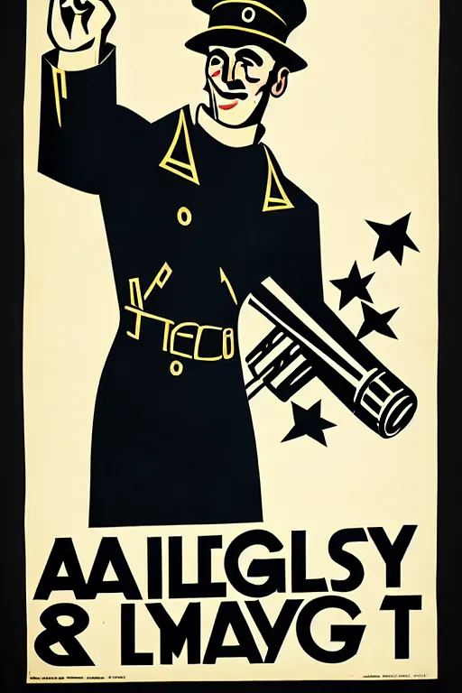 Image similar to fictional propaganda poster showing a man pointing to the left with artillery cannons behind him, artillery battery, highly stylized, high contrast, limited palette, 1 9 2 0 s