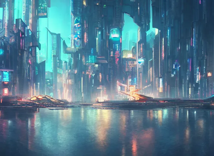 Image similar to cyberpunk city on a floating island at night by wlop, key visual, high detail, digital art