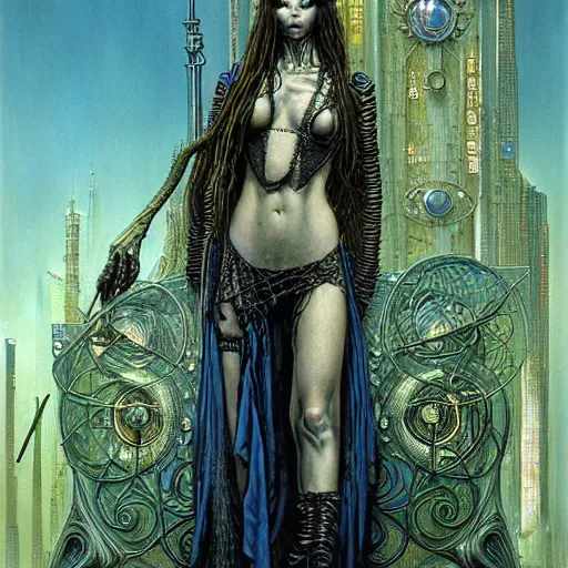 Prompt: a portrait of a resolved and smart female art nouveau cyberpunk shaman by john howe, ted nasmith and luis royo