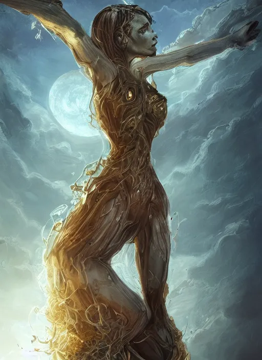 Image similar to portrait of a gorgeous girl as a ever-reaching Goddess of despair, cracks, disaster, whirlwind, cinematic, eve, beautiful soft light, saving the world blind and hungry souls around. a futuristic diety, fantasy, intricate, elegant, human anatomy, natural light, golden hour, highly detailed, digital painting, artstation, wide angle, smooth, sharp focus, illustration, art by brom, tian zi and WLOP and alphonse mucha, masterpiece, 3d blender, mitch foust, Clyde Caldwell, dof