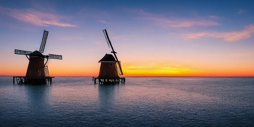 Prompt: Beautiful award winning photograph of a pretty sunset with an island floating in the sky, with a windmill on top, 4k