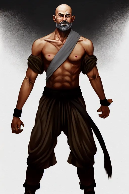 Prompt: Full body Picture of a male monk, fighter, exposed torso, bandage on arms, muscles, baggy black pants, symmetry, white skin, bald, white long beard, brown eyes, detailed face, combat stance, handsome, D&D, by artgerm and Craig Mullins, James Jean, Andrey Ryabovichev, Mark Simonetti and Peter Morbacher, matte painting, trending on artstation, artstationHD, artstationHQ, octane, full HD, 16K