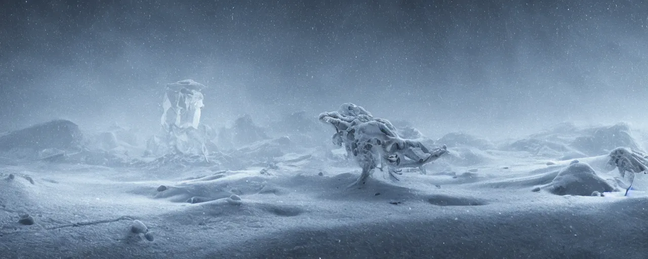 Image similar to a beautiful white landscape with alien life, cinematic