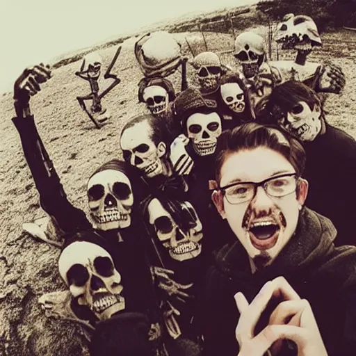 Image similar to the last selfie ever taken skeletons lots of bodies world war 3