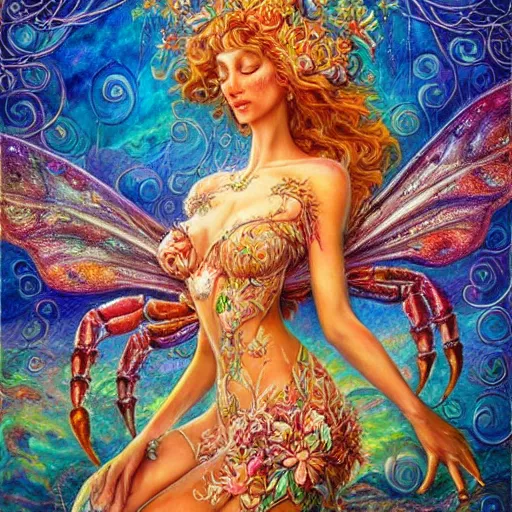 Image similar to a crab fairy, art by josephine wall, intricately detailed, highly detailed, fantasy, whimsical, trending on artstation