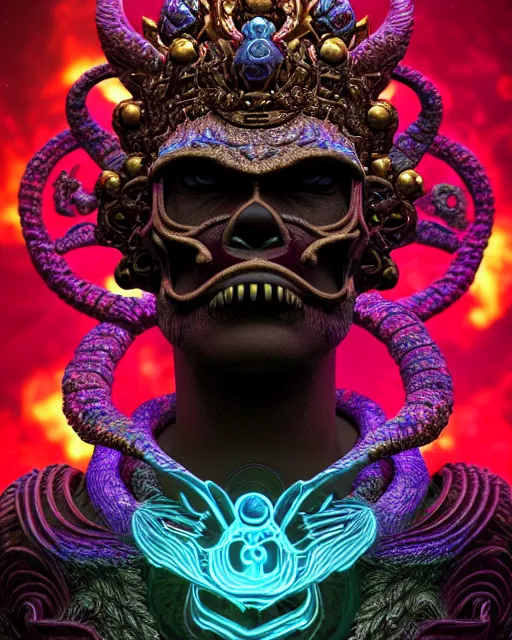 Image similar to 3 d ornate carved dark cosmic king with profile portrait, sigma 5 0 0 mm f / 5. beautiful intricate highly detailed quetzalcoatl skull. bioluminescent, plasma, lava, ice, water, wind, creature, thunderstorm! artwork by tooth wu and wlop and beeple and greg rutkowski, 8 k trending on artstation