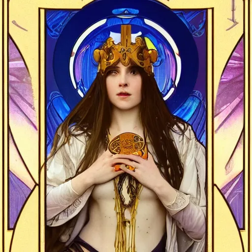 Prompt: the priestess of tarot by alphonse maria mucha, steampunk, 8 k, - h 1 0 8 0