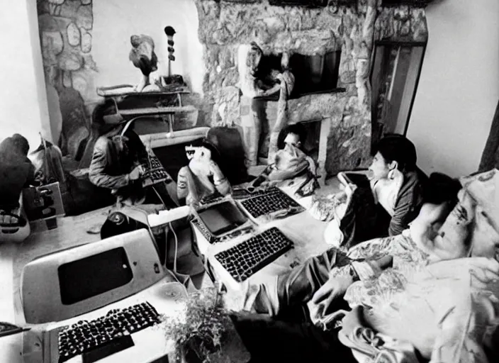 Prompt: Ancient Aztecs using computer at a lan house, Ancient, award winning photo by Slim Aarons ,