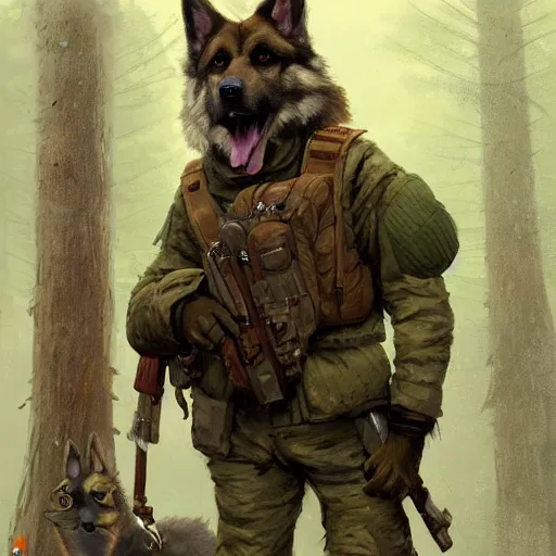 Image similar to Norwegian forest war action portrait of furry anthro anthropomorphic german shepard head animal person fursona wearing clothes modern soldier tactical digital art by Greg Rutkowski, Simon Stalenhag, trending on Artstation, CGSociety