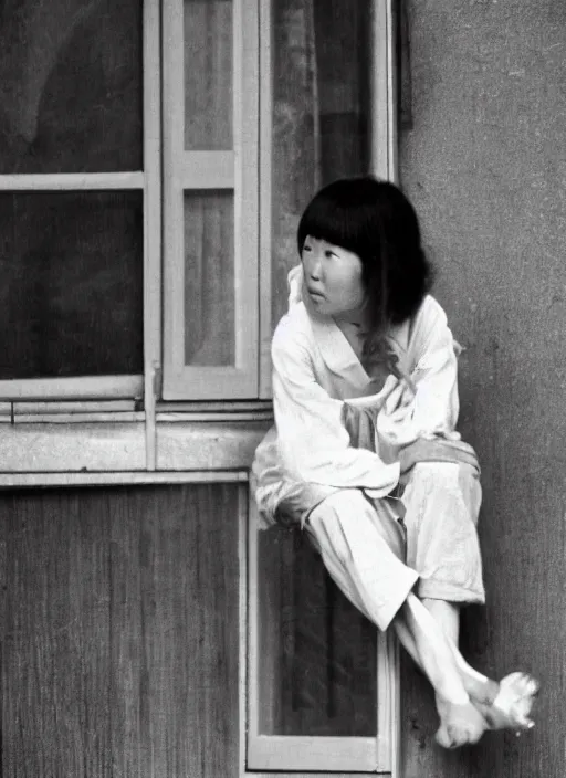 Prompt: photography girl looking sitting next to window by hisaji hara