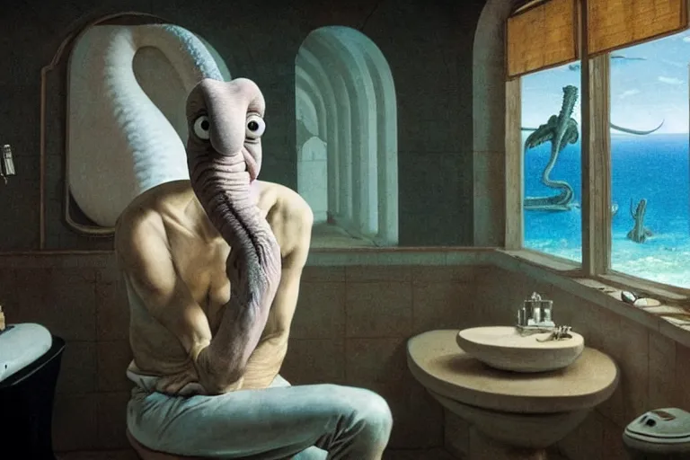 Prompt: hyperrealism aesthetic ridley scott and caravaggio and denis villeneuve style photography of a detailed giant squidward, siting on a detailed ultra huge toilet and scrolling his smartphone in surreal scene from detailed art house movie in style of alejandro jodorowsky and wes anderson