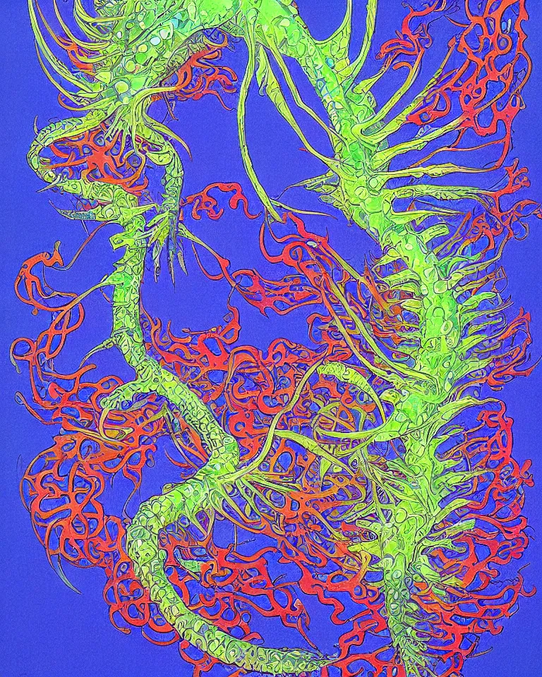 Prompt: concept art portrait of an intricately designed alien leafy sea dragon, an award winning yoshitaka amano poster. a masterpiece by james gurney. vivid color.