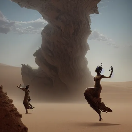 Prompt: dancing ghosts in the desert sandstorm, 4 k unreal engine renders, ultra - wide angle, by ellen jewett, zdzislaw beksinski and peter mohrbacher, trending on artstation : 1, cinematic, 8 k, octane, redshift, unreal 5, behance, deviantart, vray, well rendered