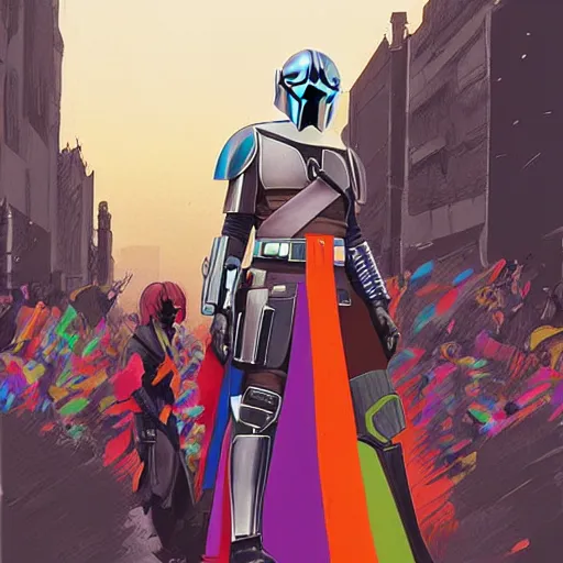 Prompt: the mandalorian wearing a pride cape in a pride parade by ilya kuvshinov katsuhiro otomo