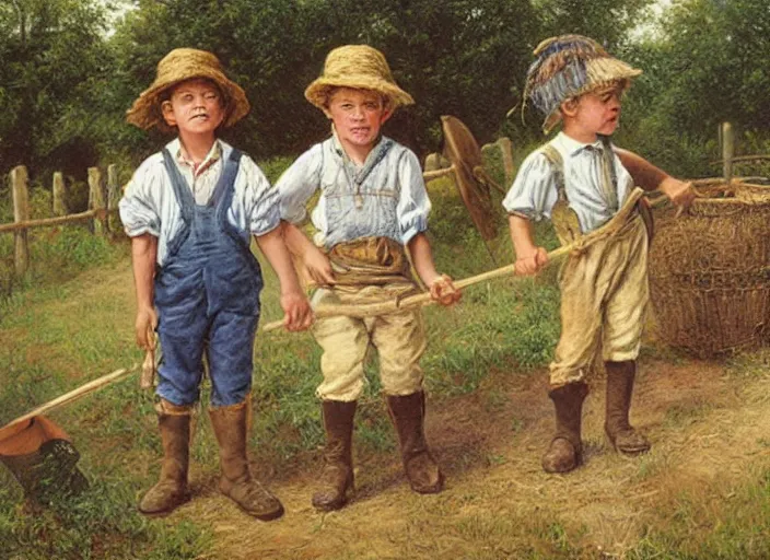 Prompt: tom sawyer and huckleberry finn in a small missouri town in 1 8 7 6, art by bob byerley, oil on canvas