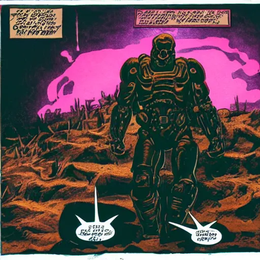 Image similar to Doom guy standing on top of a heap of demon skulls dripping with death, synthwave, vintage comic