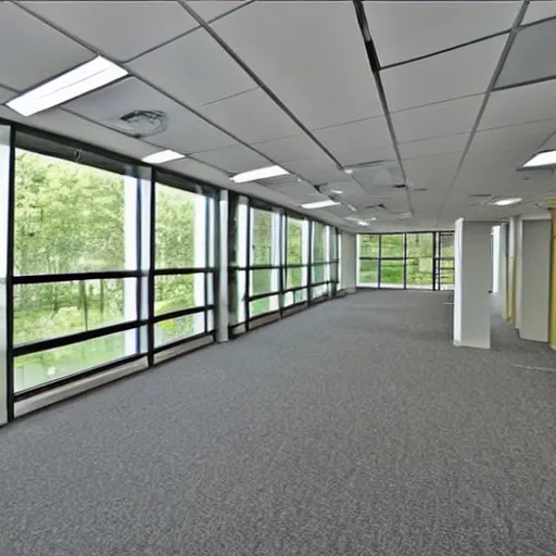 Image similar to corporate office building mailroom, large floor to ceiling windows, view of a beautiful unspoiled woodland