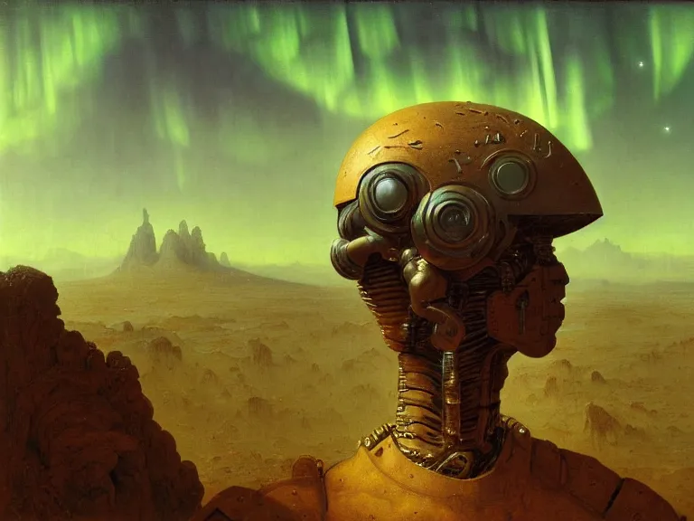 Prompt: a detailed profile oil painting of a humanoid soldier on an alien landscape with reflective visor, flight suit, portrait symmetrical and science fiction theme with aurora lighting by beksinski carl spitzweg and tuomas korpi. baroque elements, full-length view. baroque element. intricate artwork by caravaggio. Trending on artstation. 8k