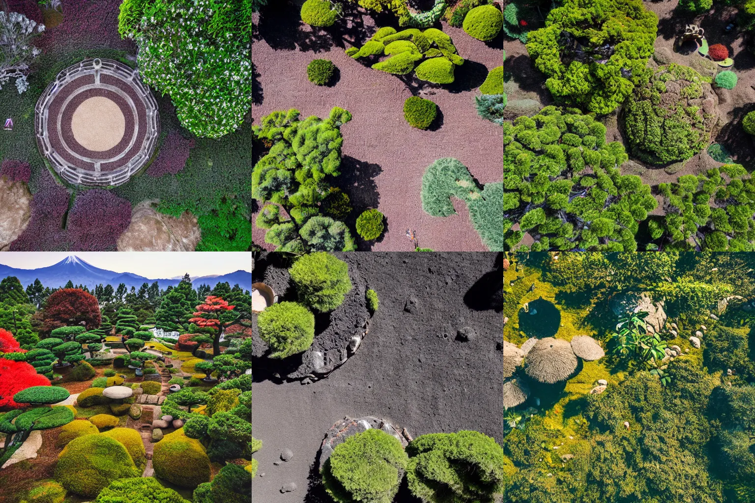 Prompt: japanese tea garden in middle of lunar landscape, drone shot