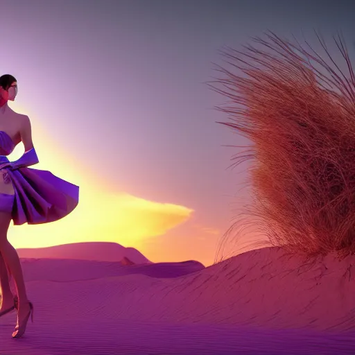 Prompt: avant-garde art, deco fashion, purple and sky blue theme, highly detailed, photorealistic portrait, hyper realistic serene desert setting, golden hour, crisp quality and light reflections, unreal engine 5 quality render