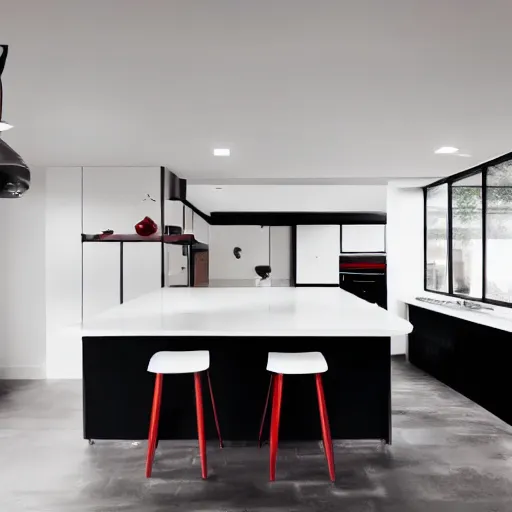 Image similar to photo of black, matte kitchen fronts surfaces and furniture, dark red walls at the back, white floor tiles on the ground, white ceiling, architecture, concept art