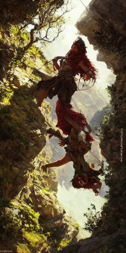 Image similar to oil art of young roma mage adventurer climbing down a cliffside in style of disco elysium character, gipsy jester character design from ravenloft, art by anders zorn, wonderful masterpiece by greg rutkowski, beautiful cinematic light, american romanticism by greg manchess, jessica rossier