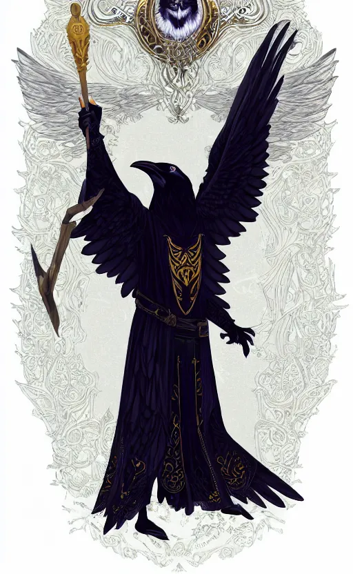 Image similar to raven headed male warlock doing wind magic, white and gold robes, exquisite details, full body character design on a white background, by studio muti