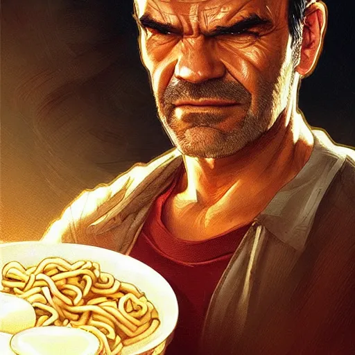 Image similar to trevor philips face on noodles, highly detailed, digital painting, artstation, concept art, smooth, sharp focus, illustration, art by artgerm and greg rutkowski and alphonse mucha