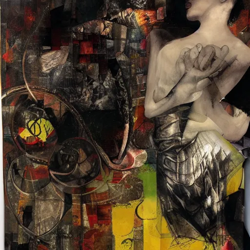 Image similar to tango, collage and oil on canvas by dave mckean and yoshitaka amano